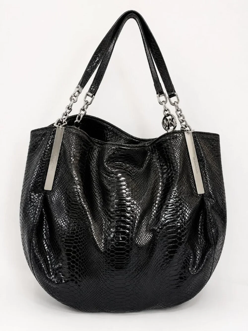 Michael Kors Black Embossed Snakeskin Hobo Shoulder Bag Silver Hardware